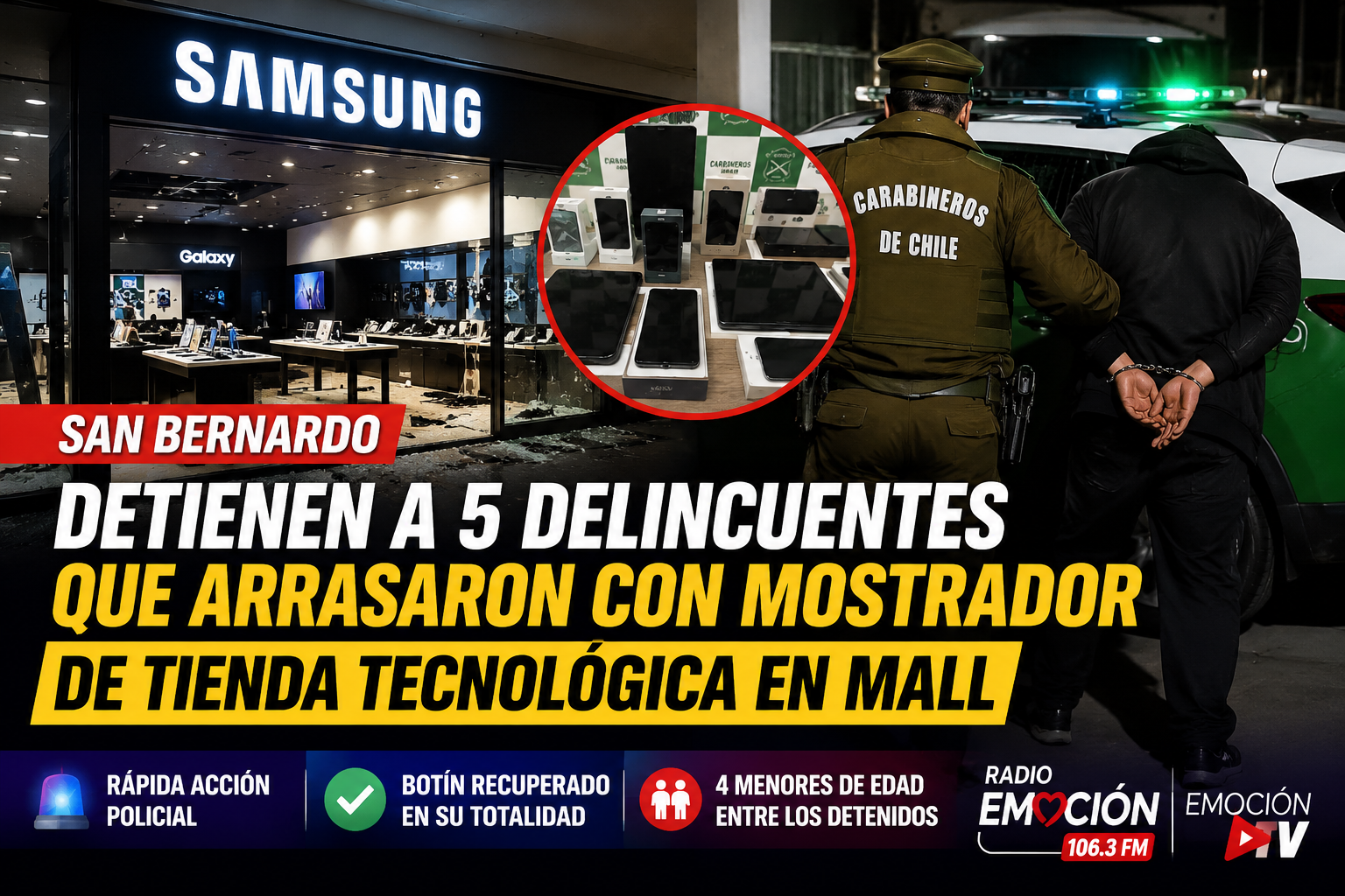 Cinco detenidos tras violento robo a tienda tecnológica en Mallplaza Sur de San Bernardo